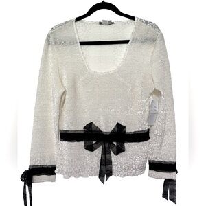 Alberto Makali White Textured Top w/ Black Bow Trim – NWT Size Large